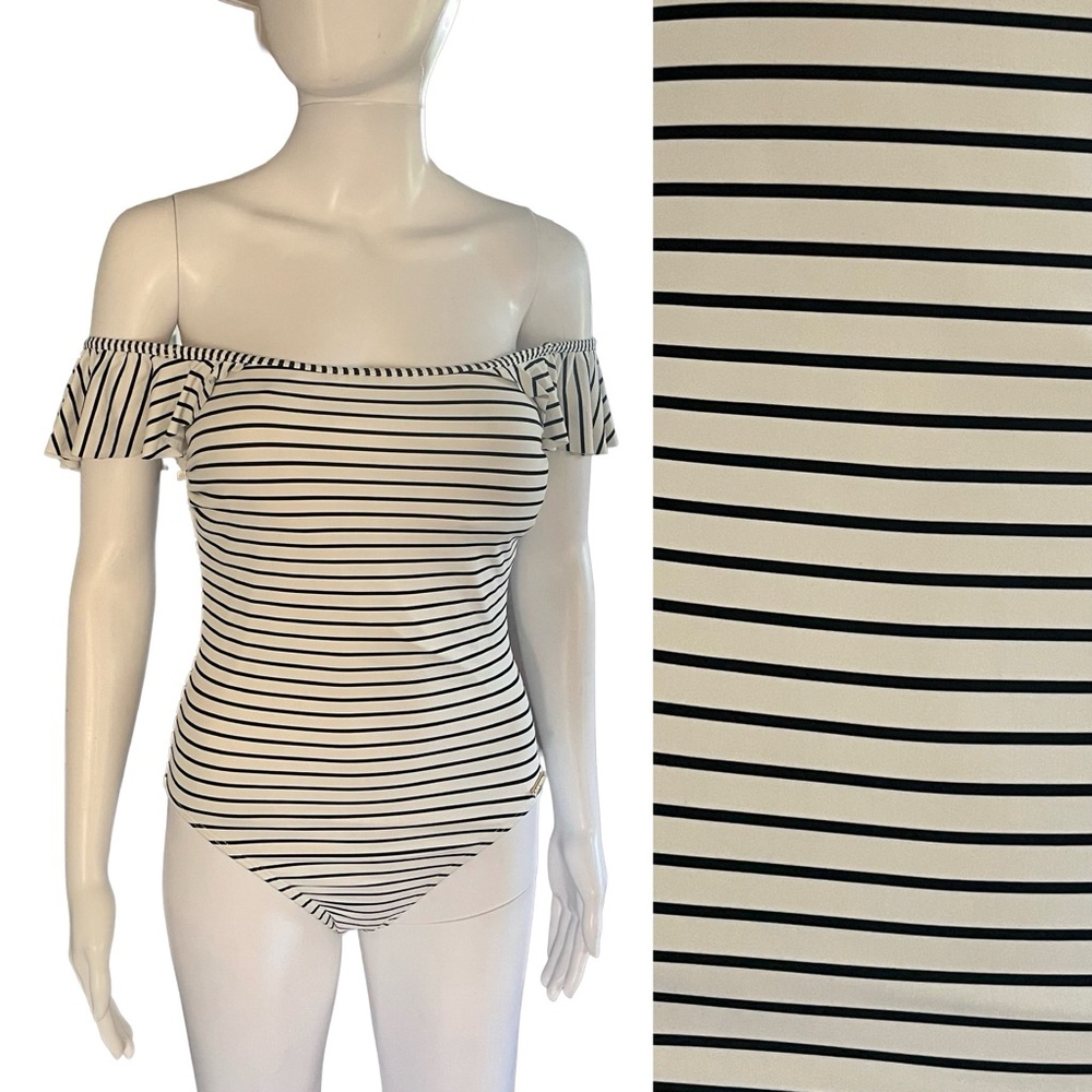 #9 Vince Camuto Black & White Striped One-Piece Swimsuit – Off-Shoulder – Size 8